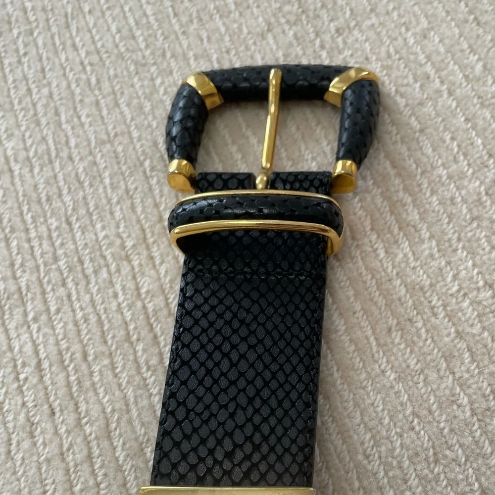 Womens Black Leather Dress Belt With Gold Accent Links